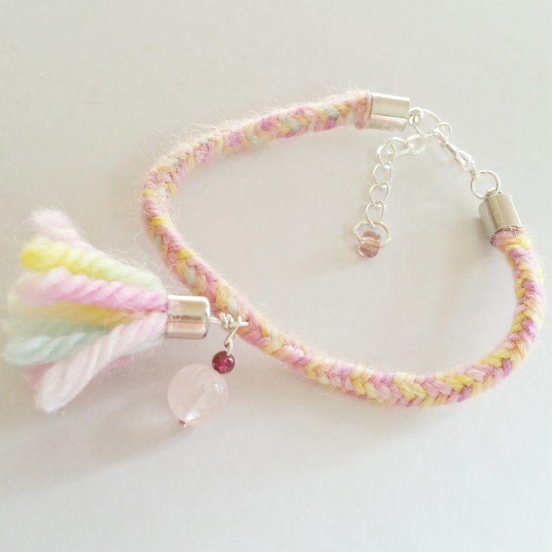Monique red knit with love beads. carved rose quartz, hand-woven wool tassel bracelet - Bracelets - Wool Pink