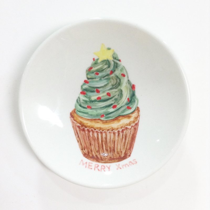 Christmas tree cream cup cake-[customizable text]-Christmas hand-painted small saucer - จานเล็ก - วัสดุอื่นๆ สีเขียว