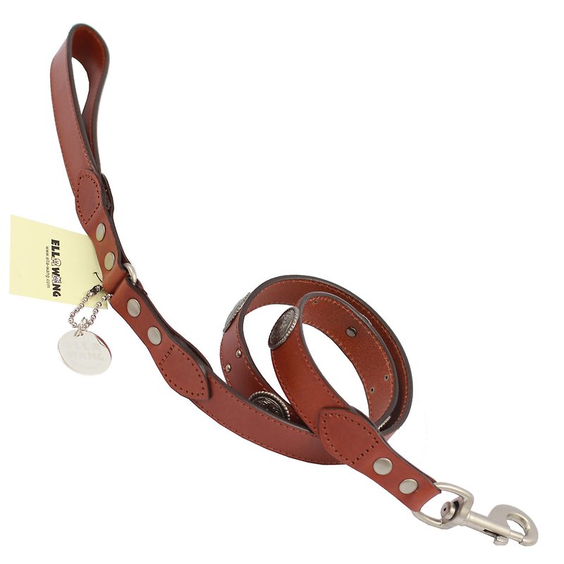 Ella Wang Design Metal Carved Round Brand Leather 105cm Long Leash-Brown (Coffee) Pet Collar - Collars & Leashes - Genuine Leather Brown