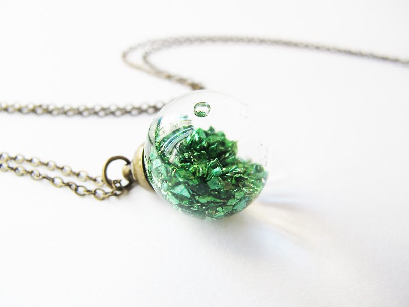 * Rosy Garden * Green planet rocks flowing in water inside glass ball necklace - สร้อยติดคอ - แก้ว สีเขียว