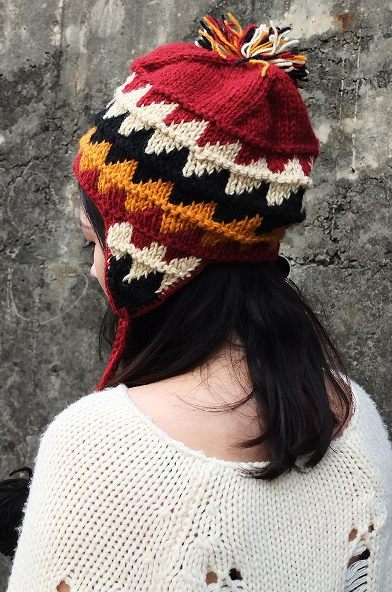 [音楽]は、純粋なウール手編みの帽子の手作りネパール（ボックスカバーの耳_ _赤橙色）でのビート - 帽子 - ウール レッド