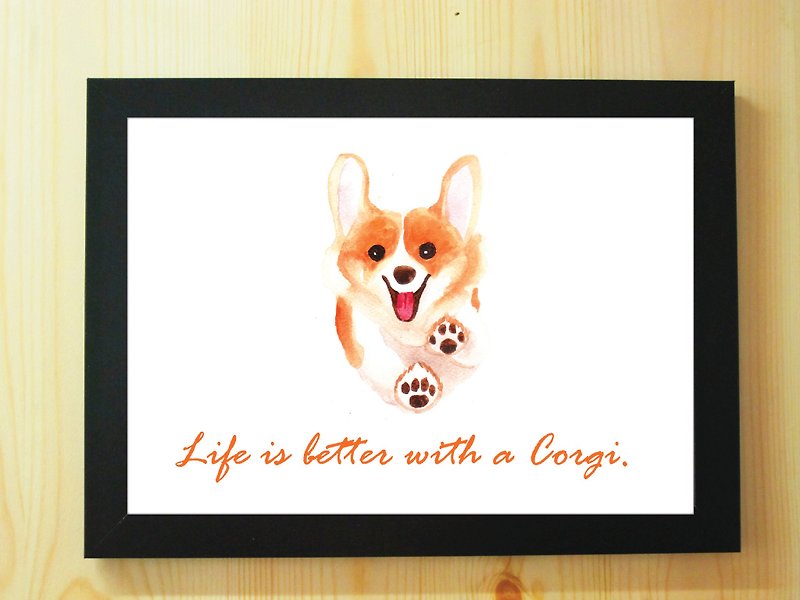 コー​​ギー子犬水彩画のポスター塗装イラストコピーA4「人生はコーギーと良いです！」 - ポスター・絵 - 紙 ホワイト