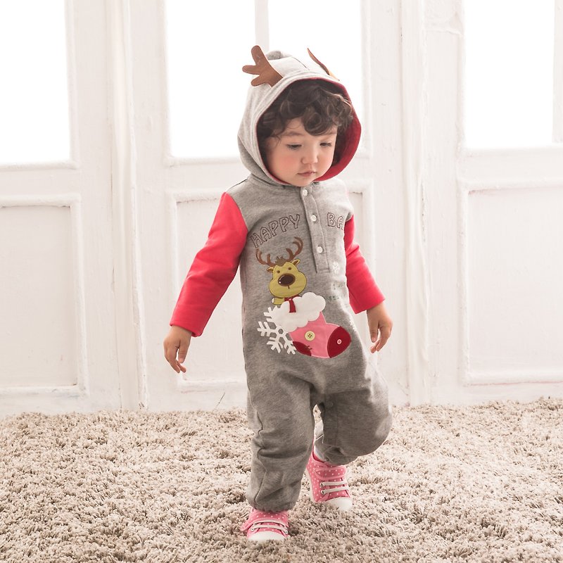 聖誕糜鹿搖尾巴連身兔裝-紅 - 嬰兒連身衣/包被/包巾 - 棉．麻 灰色
