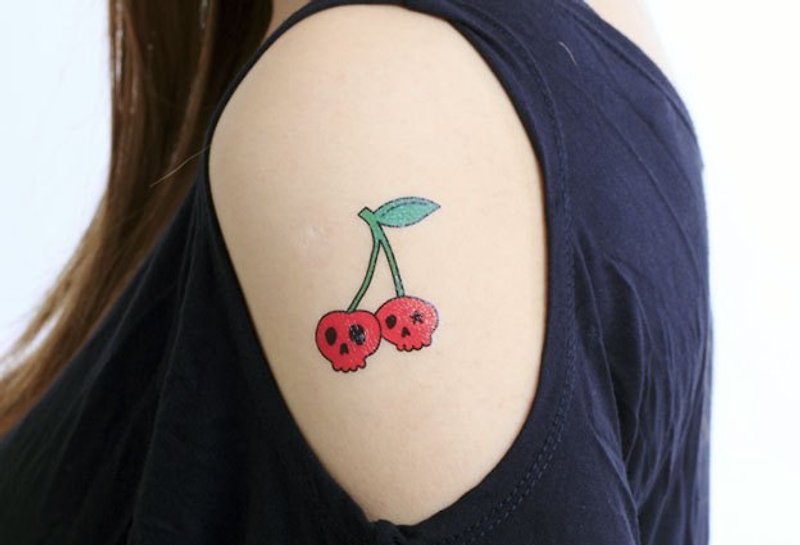 Surprise Tattoos / 骷髏櫻桃 刺青 紋身貼紙 - 紋身貼紙 - 紙 紅色