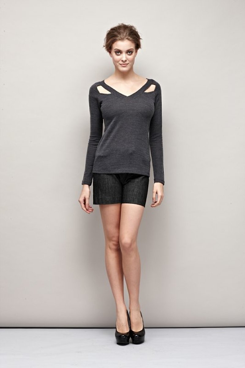 [Seasonal Sale] Grey Neck V-neck Knitted Sweater - Women's Sweaters - Wool Gray