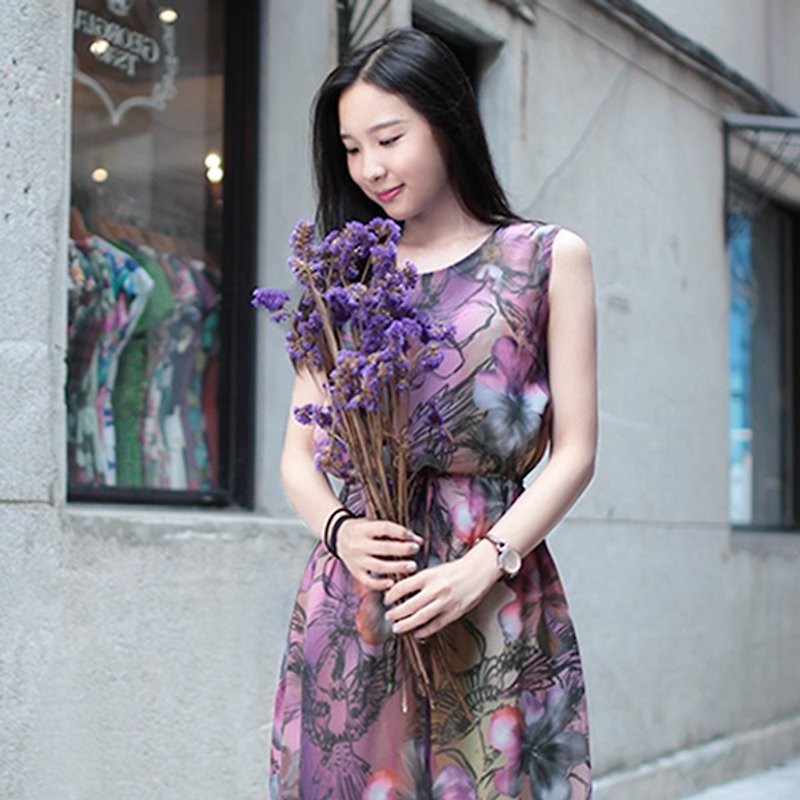 粉紫花鳥無袖抽繩長洋裝 - 連身裙 - 其他材質 