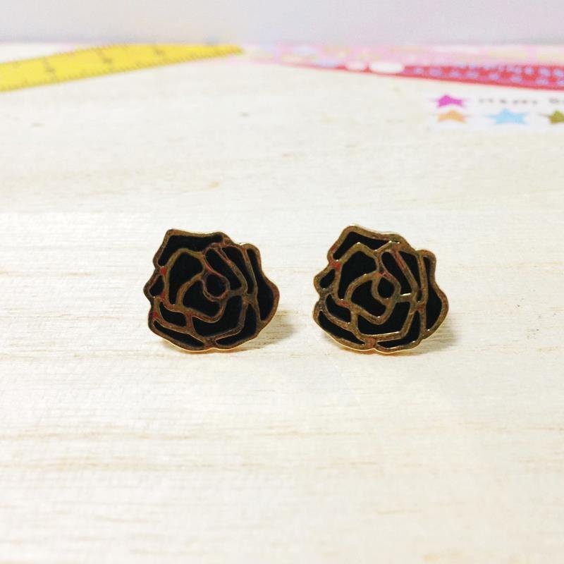 ▲BKK H.M Earring▲24K金系列-黑色薔薇 - Earrings & Clip-ons - Other Metals Black