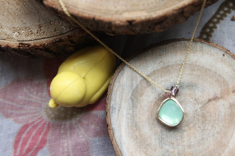Gold-plated Gold-plated sea blue glass necklace - Necklaces - Other Metals Blue