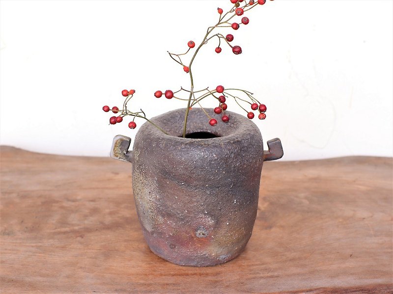 日本岡山備前 陶器 花瓶 花插 花器 h1-003 - 植物/盆栽/盆景 - 陶 咖啡色