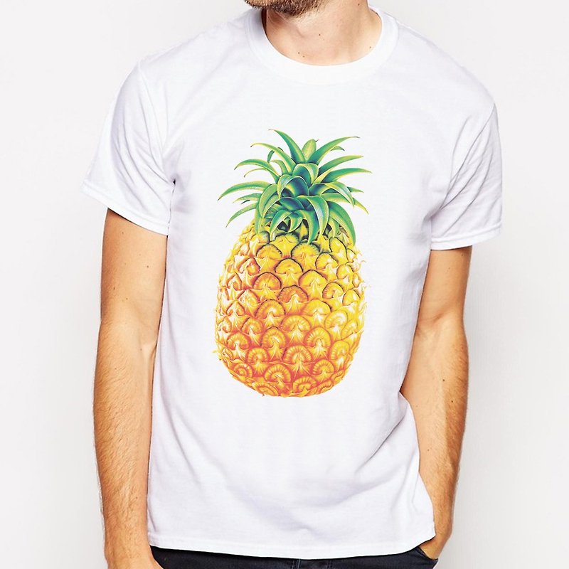Pineapple Short Sleeve T-shirt-White Pineapple Fruit Summer Ocean Wenqing Art Design Fashionable Cultural Creative Fashion - เสื้อยืดผู้ชาย - กระดาษ ขาว