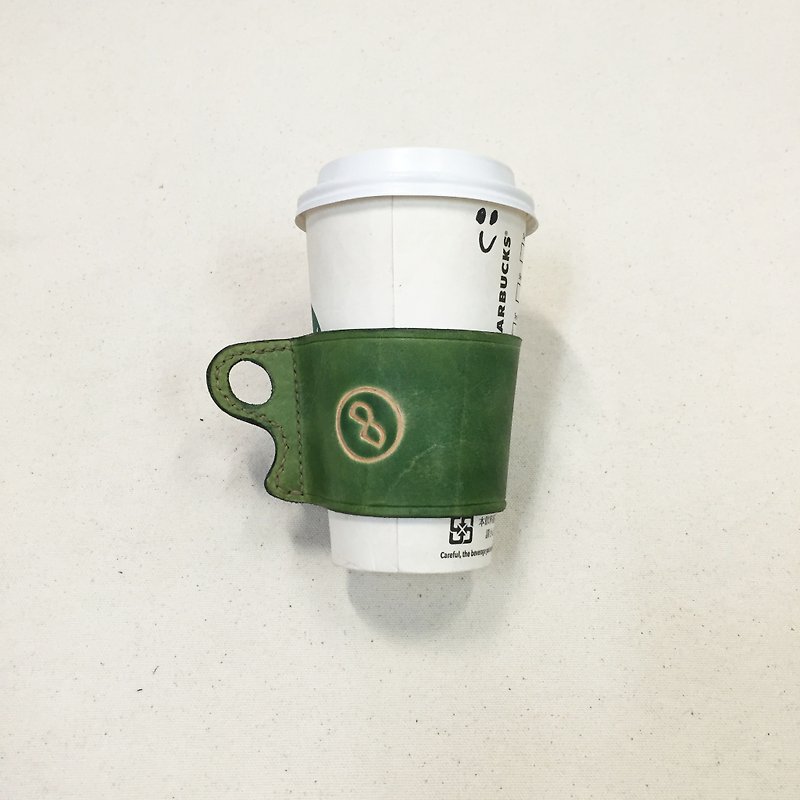 DUAL - love the earth green leather hand-made anti-hot cup sleeve - hand-dyed grass green lettering free - Mugs - Genuine Leather Black