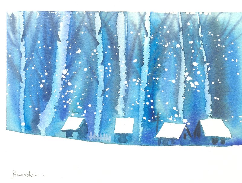 聖誕卡片「療癒系樹林系列1-93」水彩手繪限量版明信片/賀卡 - 心意卡/卡片 - 紙 藍色