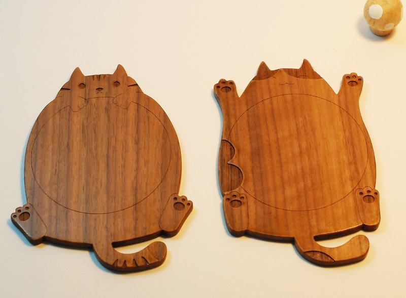 胖橘子和胖虎斑-好感情胡桃木杯墊組 - Coasters - Wood Khaki