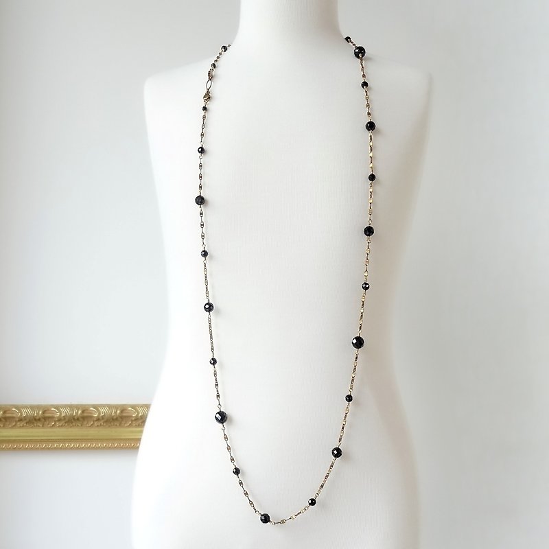 Black Onyx Faceted Rounds Beaded Brass Chain Cocktail Party Long Necklace - Long Necklaces - Semi-Precious Stones Black
