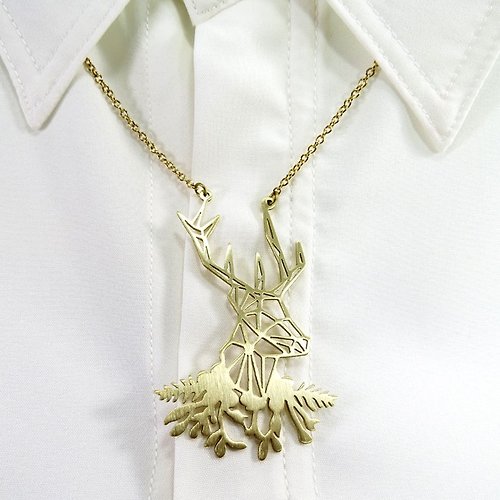 wabyshop 幾何氣質鹿頭與一身花黃銅項鍊
