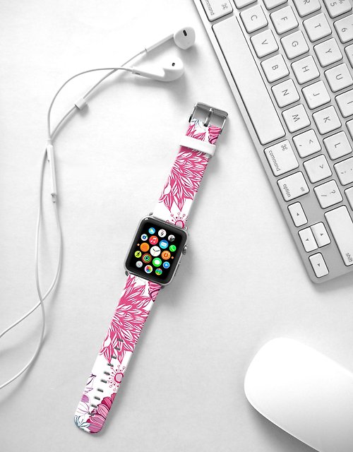 Freshion Apple Watch Series 1 , Series 2, Series 3 - Apple Watch 真皮手錶帶，適用於Apple Watch 及 Apple Watch Sport - Freshion 香港原創設計師品牌 - 粉紅花樣圖案 cr15