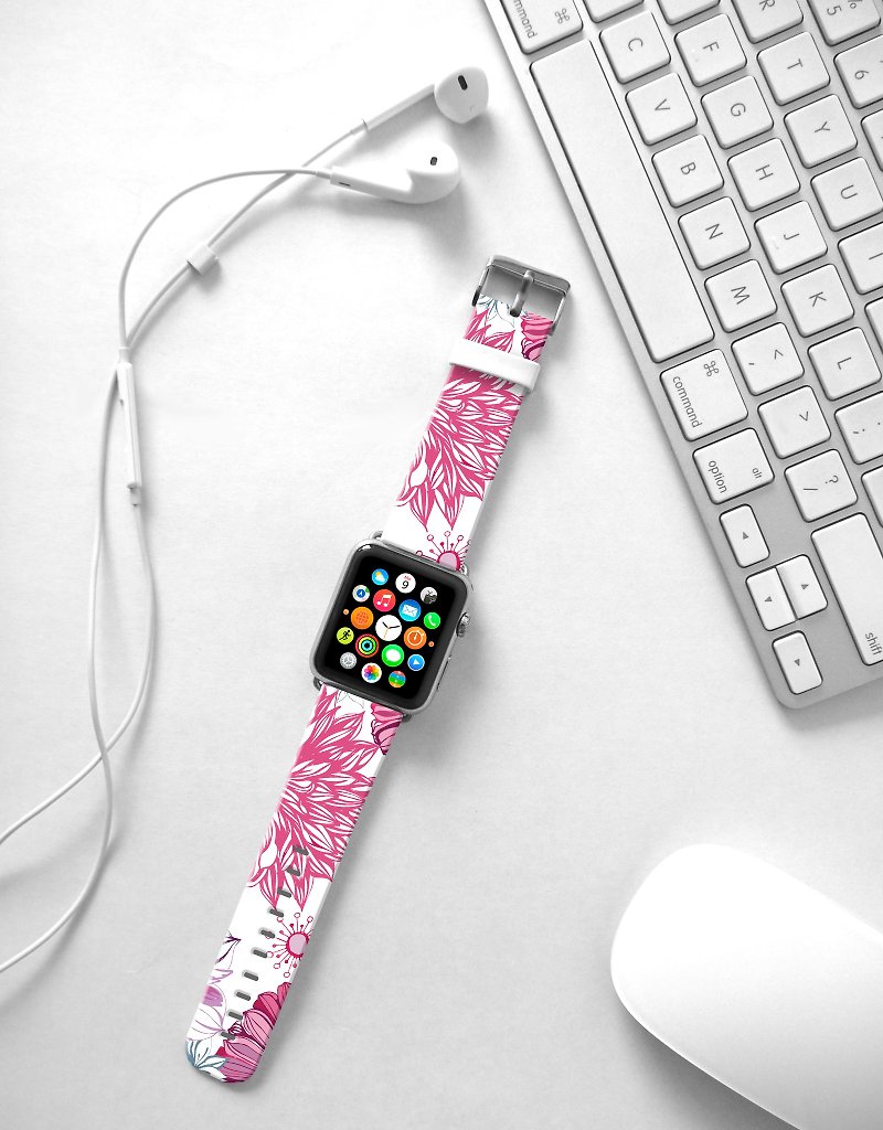 Apple Watch Series 1 , Series 2, Series 3 - Fancy Pink Floral pattern Watch Strap Band for Apple Watch / Apple Watch Sport - 38 mm / 42 mm avilable - สายนาฬิกา - หนังแท้ 