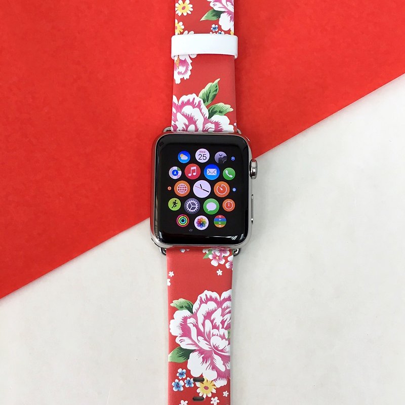 Apple Watch Series 1 - 5 紅色古典花圖案手錶帶 38 40 42 44 mm - 錶帶 - 真皮 紅色