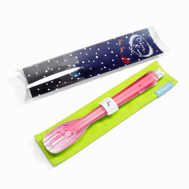 dipper 3合1SPS環保餐具組(聖誕麋鹿限定版-香檳粉紅叉) - 筷子/筷架 - 塑膠 粉紅色