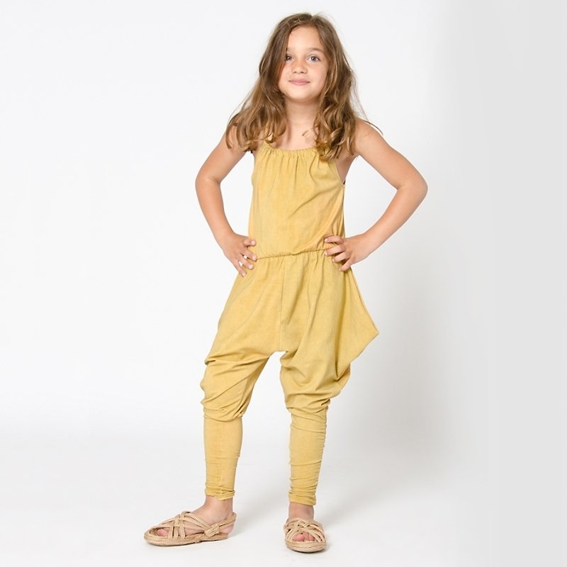 [Swedish children's clothing] Children's organic cotton sling jumpsuit 3 to 12 years old yellow - กางเกง - ผ้าฝ้าย/ผ้าลินิน สีทอง