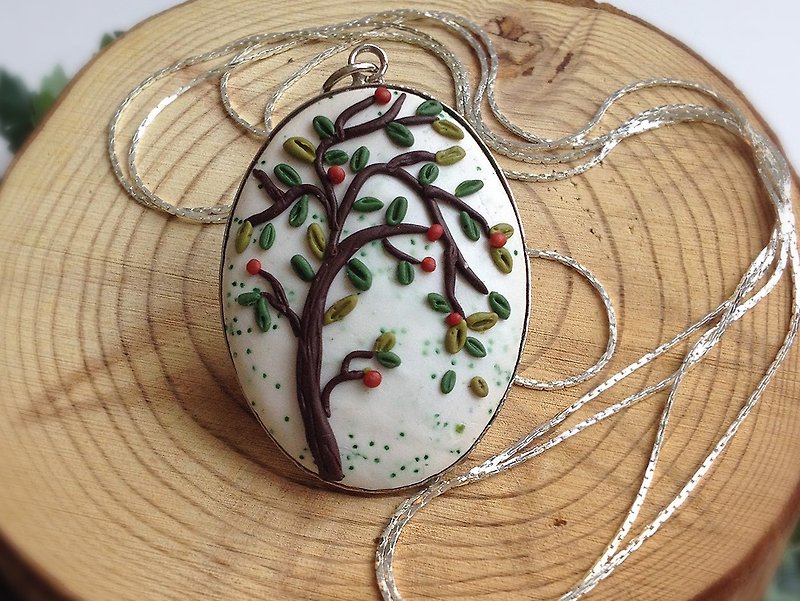 Story Tree - handmade fine polymer clay necklace - most bother small gift - Necklaces - Other Materials White