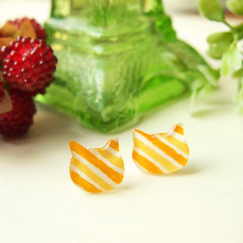 Meow original hand-made ramp between orange striped cat earrings - ต่างหู - พลาสติก สีส้ม