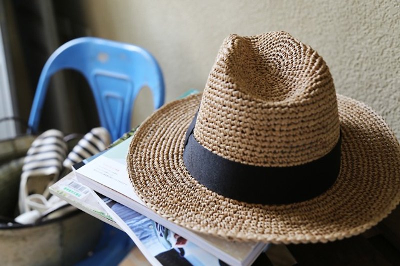 Fedora黑緞帶款 拉菲草帽 5CM - 帽子 - 植物．花 咖啡色