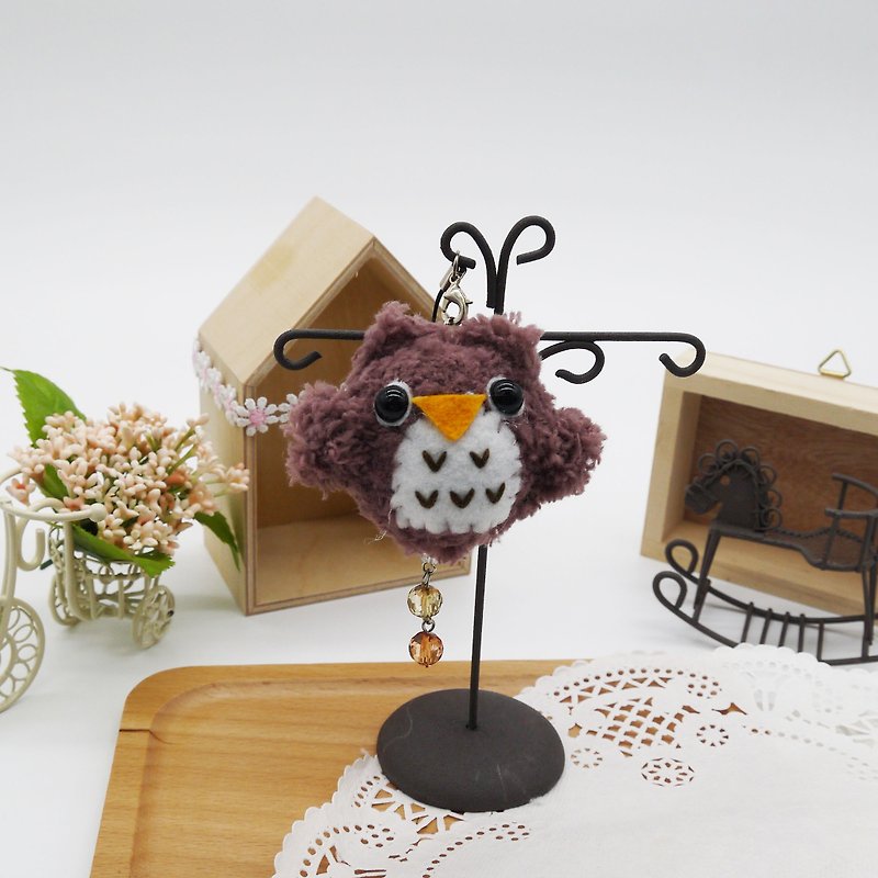 Knitted woolen soft soft mobile phone charm can be changed to key ring charm-dark owl - พวงกุญแจ - ผ้าฝ้าย/ผ้าลินิน สีนำ้ตาล