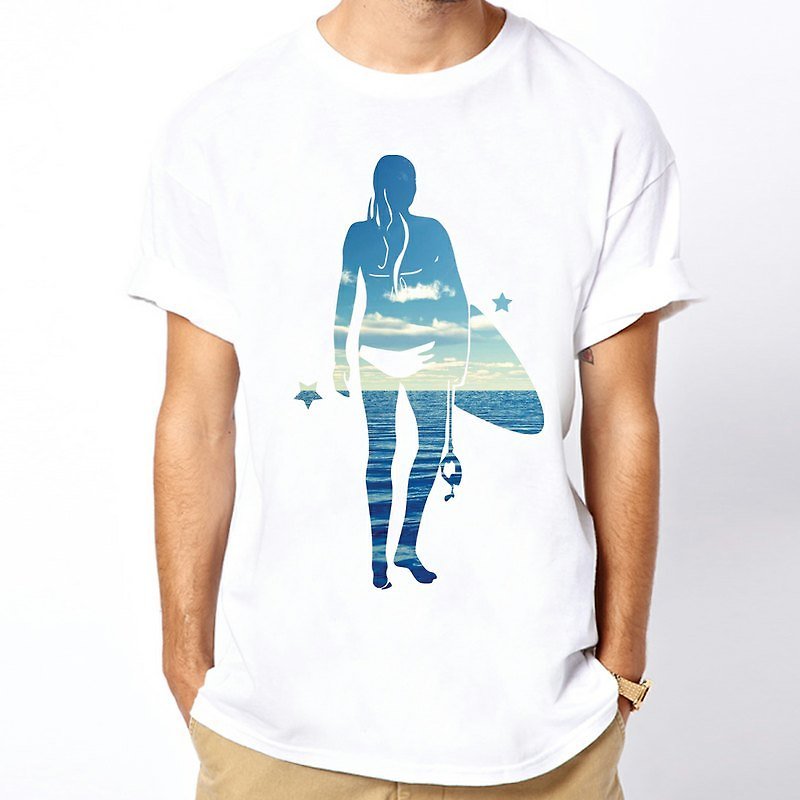 Surf Girl-ocean white t  shirt - เสื้อยืดผู้ชาย - วัสดุอื่นๆ ขาว