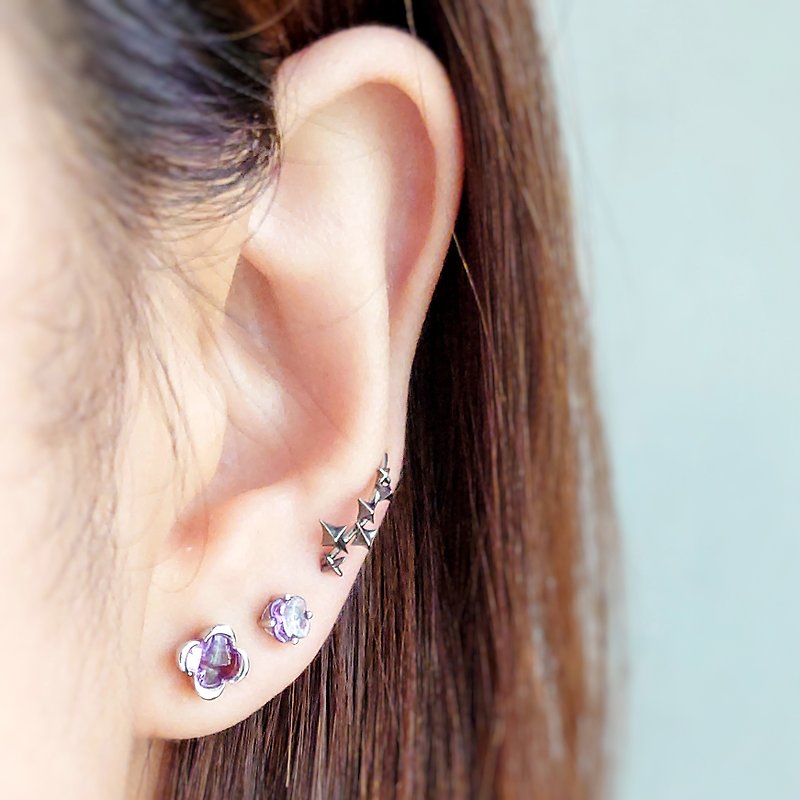 Large Flower Cut Amethyst / Small Flower Cut Violet CZ 18KWGP Silver Earrings - ต่างหู - คริสตัล สีม่วง