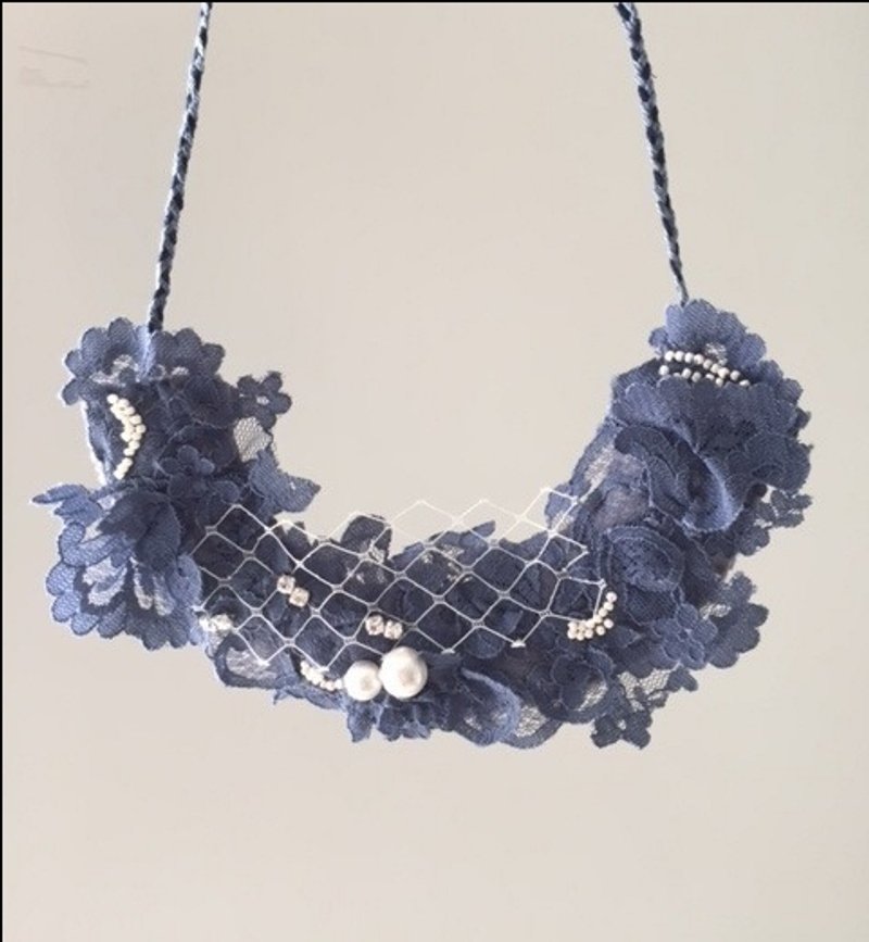 [ Bluesy Mod ] --- Beaded Lace Necklace . 手縫蕾絲棉花珍珠米珠項鍊 (BBL4) - 項鍊 - 其他材質 藍色