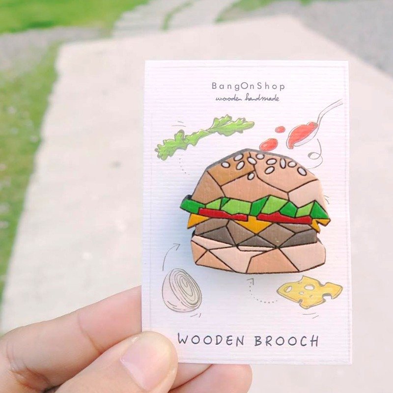 Wooden brooch hamburger - เข็มกลัด - ไม้ สีนำ้ตาล