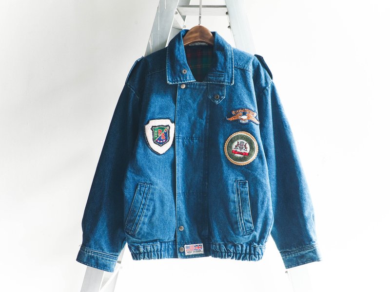 River Hill - primaries carnival Lanye Patchwork small collar denim jacket denim vintage antique patchwork neutral oversize vintage denim - เสื้อแจ็คเก็ต - ผ้าฝ้าย/ผ้าลินิน สีน้ำเงิน