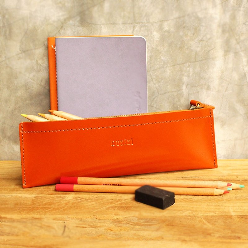 Pencil case - Pie สีส้ม (Genuine Cow Leather) / Pen case / 筆盒 / Leather Case - กล่องดินสอ/ถุงดินสอ - หนังแท้ สีส้ม
