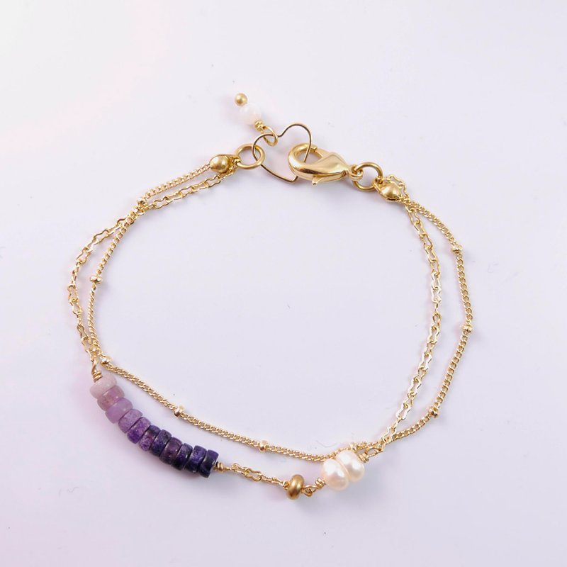 【ColorDay】浪漫紫羅蘭天然螢石與珍珠純銅雙環手鍊 - Bracelets - Gemstone Purple