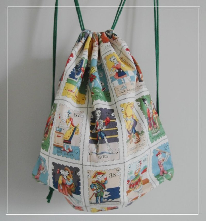 ~ M + Bear ~ Vintage Drawstring Backpack (skeleton skull head paragraph) - กระเป๋าแมสเซนเจอร์ - วัสดุอื่นๆ สีดำ