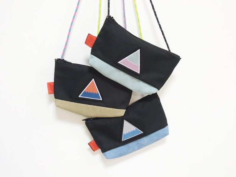 "H-ZOO" 帆布*麂皮 電繡三角形鋸齒小背袋、筆袋、手機袋  ( 暫時售完，製作中 ) - อื่นๆ - วัสดุอื่นๆ สีดำ