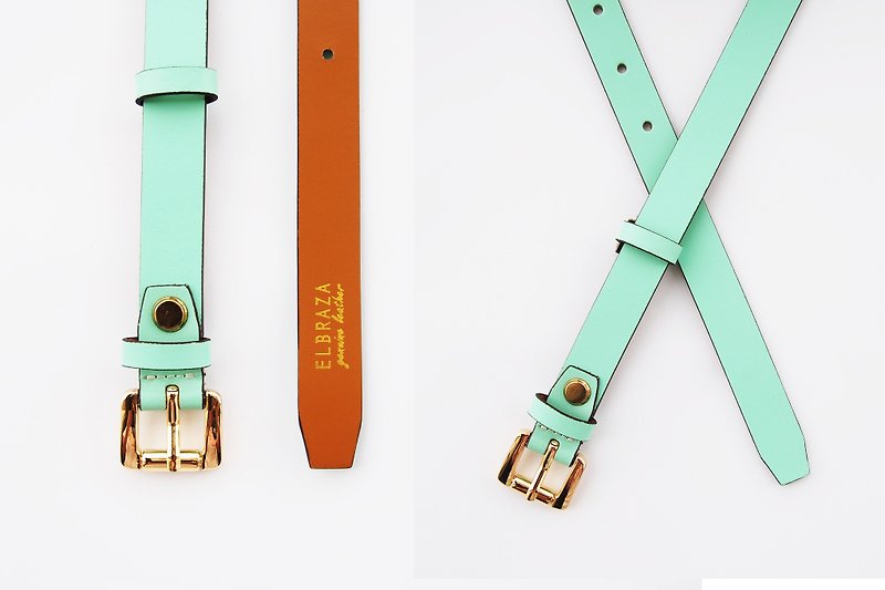 Mint genuine leather belt with gold square buckle - woman belt - เข็มขัด - หนังแท้ สีเขียว