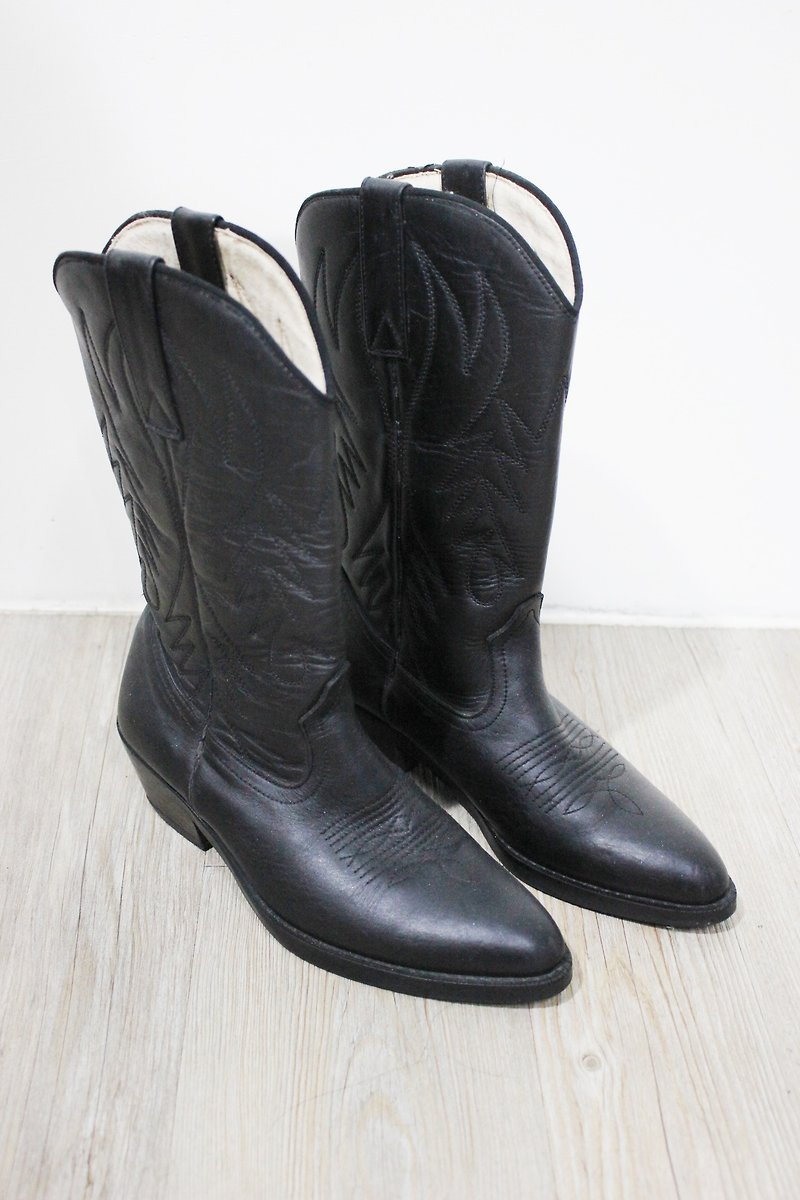 Fairy Farm Factory (Vintage) Black Embroidered Leather Boots [Foreign Belt / Size 23.5cm] - รองเท้าบูทสั้นผู้หญิง - หนังแท้ สีดำ