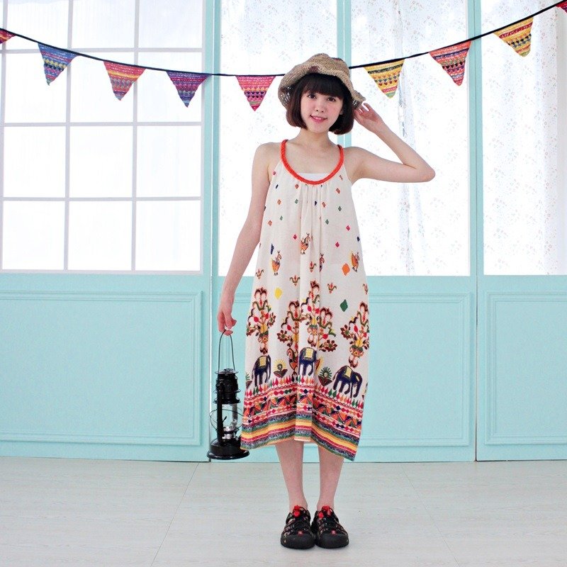 ❁saibaba ethnique // elephant totem braids vest dress ❁ (pre-order) - ชุดเดรส - วัสดุอื่นๆ ขาว