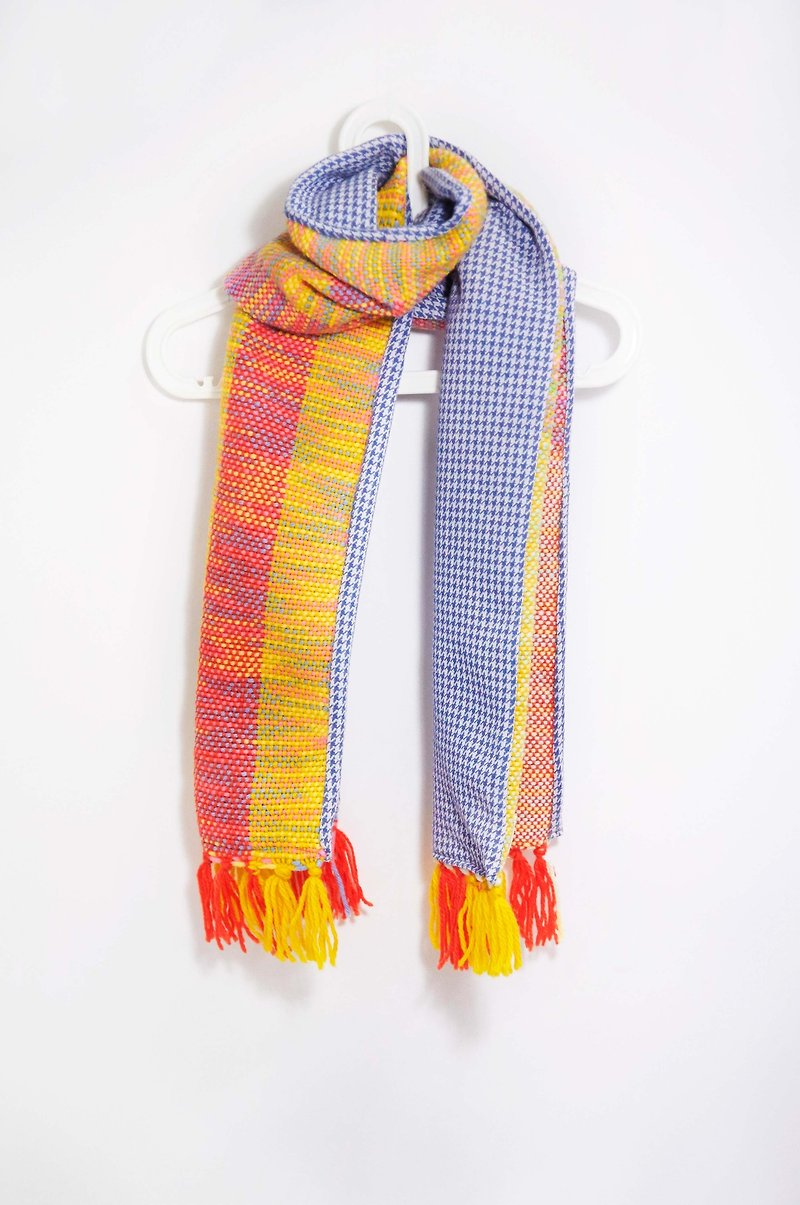 手織手感拼接圍巾- 橘黃色+千鳥格 - 絲巾 - 其他材質 多色