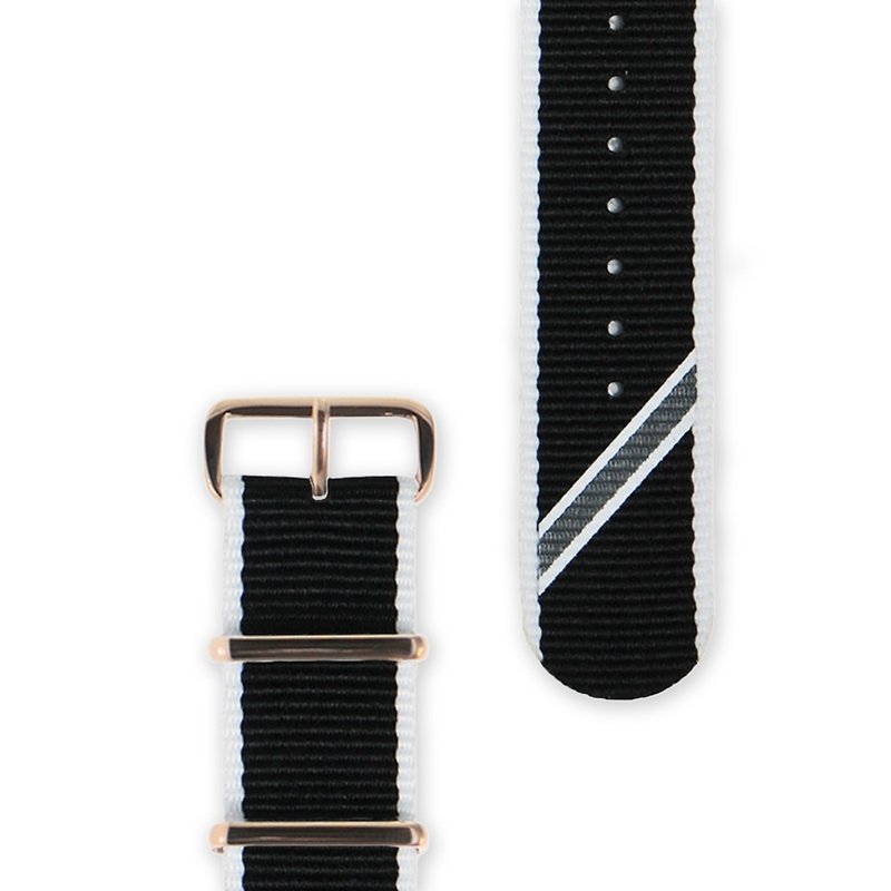 HYPERGRANDミリタリーストラップ -  22mm  - 白と黒のツイル（ローズゴールドバックル） - 腕時計 ユニセックス - その他の素材 ブラック