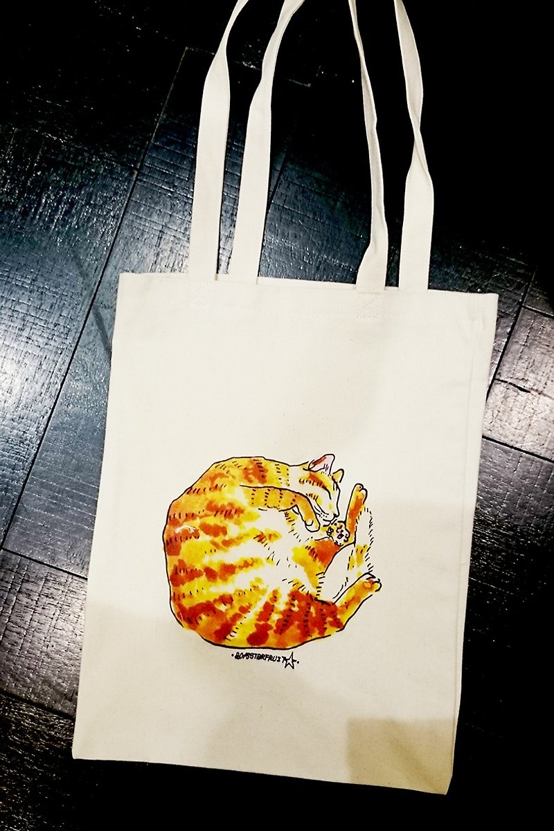 貓與狗與貓頭鷹的購物袋-01-捲曲的小橘 - 側背包/斜背包 - 棉．麻 白色