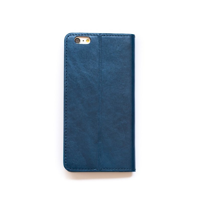 Patina leather handmade custom iPhone 6s plus folding stand cell phone holster - เคส/ซองมือถือ - กระดาษ สีน้ำเงิน