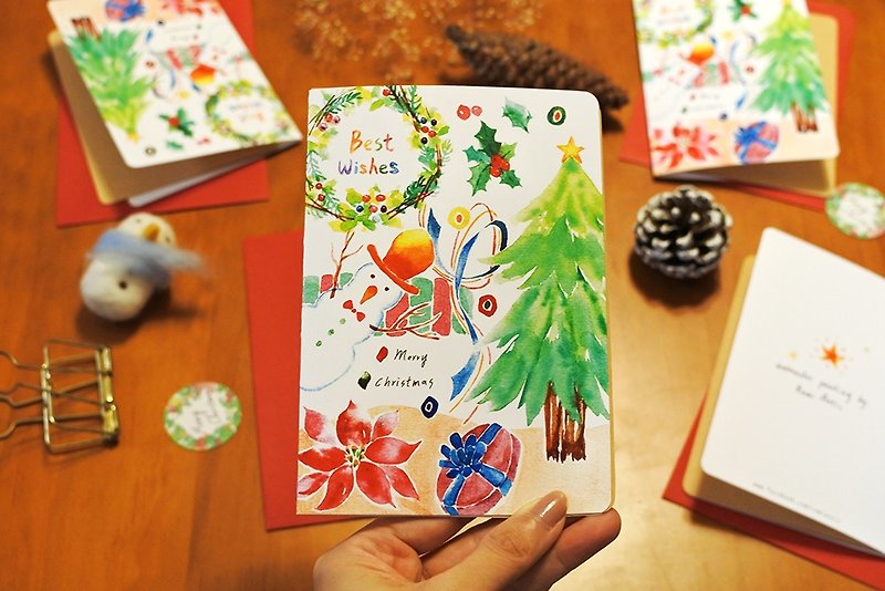 クリスマスツリーの下の雪だるま_ラミ水彩手描きクリスマスカード/封筒とステッカー付きリーフレット - カード・はがき - 紙 