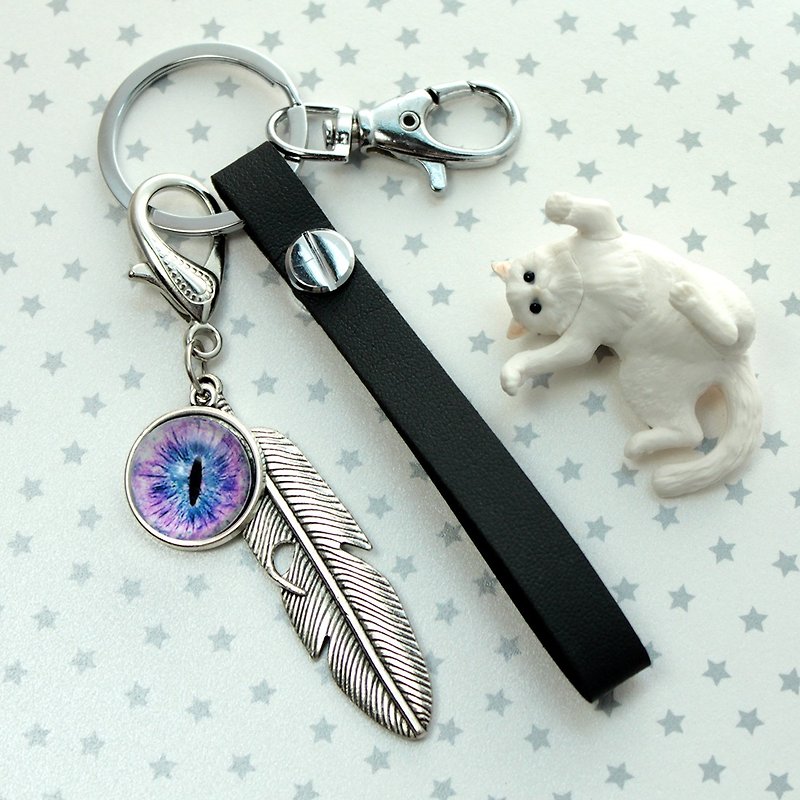 Cat EYE 18mm Cat Eye + Feather Charm Synthetic Belt Shape Key Ring-Silver - Keychains - Other Metals White