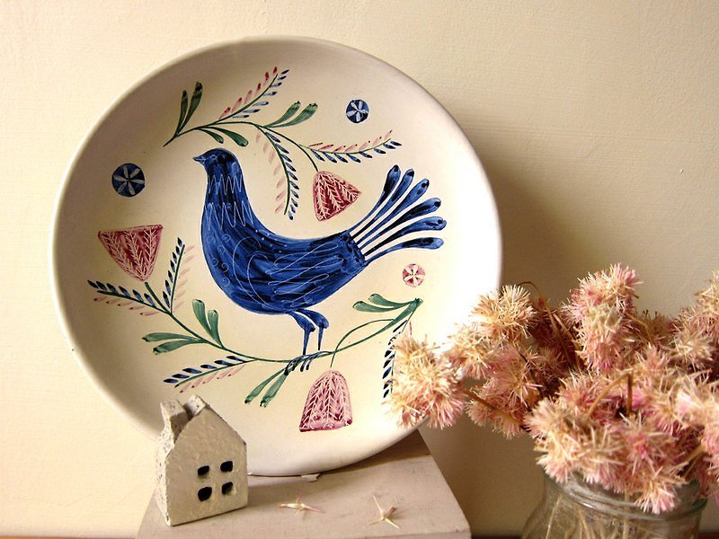 Swedish Nittsjö Hand Painted Bird pottery plate - จานเล็ก - วัสดุอื่นๆ ขาว