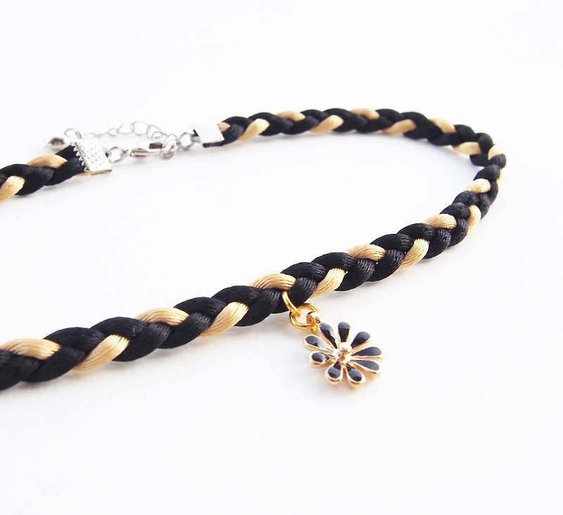 Black / gold soft satin rope choker with black flower. - Necklaces - Other Materials Black