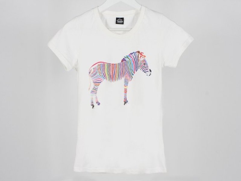 Colored Zebra Colored Girl - เสื้อยืดผู้หญิง - ผ้าฝ้าย/ผ้าลินิน ขาว