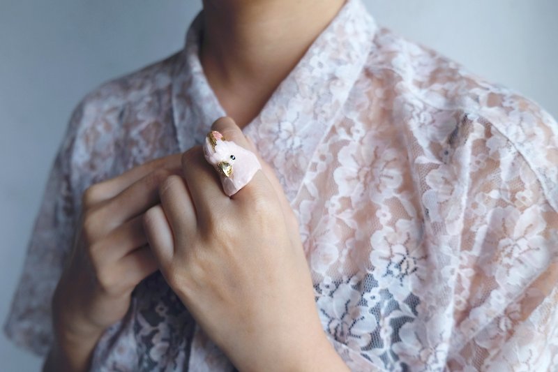 Molly Cockatoo Ring, Handmade hi-quality enamel jewellery. - General Rings - Copper & Brass Pink